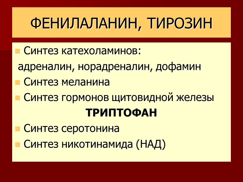 ФЕНИЛАЛАНИН, ТИРОЗИН Синтез катехоламинов:  адреналин, норадреналин, дофамин Синтез меланина Синтез гормонов щитовидной железы